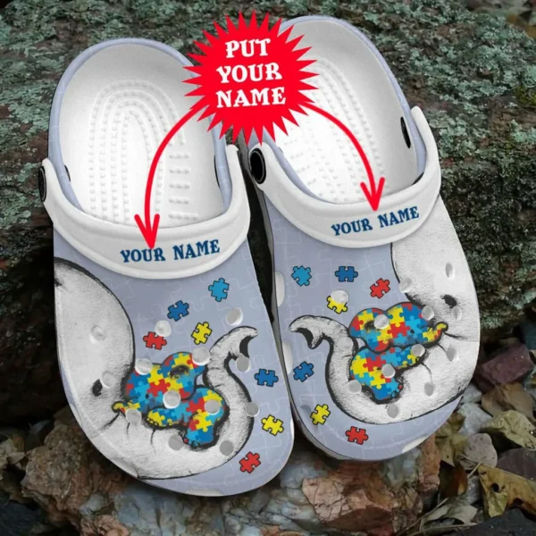 custom name autism awareness day elephant mom and baby puzzle piece crocs crocband clog zlfm8