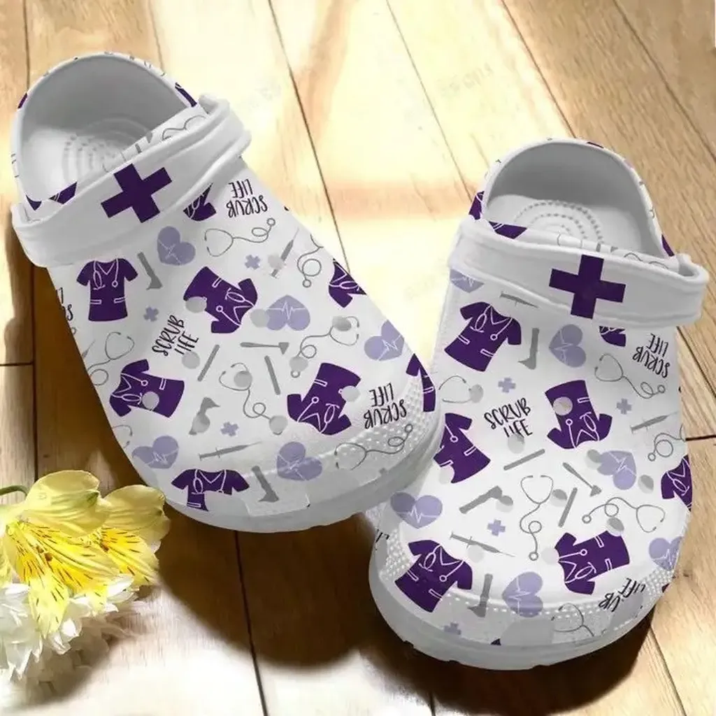 nurse scrub life nursing job symbols pattern purple crocs crocband clog cdd78