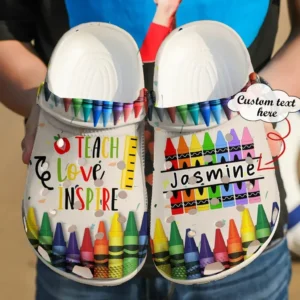 teach love inspire crayon pencils teacher custom name crocs crocband clog 9hrhi