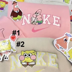 Süßes Chibi Patrick Star und SpongeBob Schwammkopf Cartoon Nike besticken Sweatshirt Modestil für Paare, Valentinstag