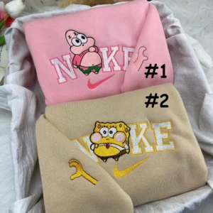 Süßes Chibi Patrick Star und SpongeBob Schwammkopf Cartoon Nike Besticktes Sweatshirt Modestil für Paare, Valentinstag