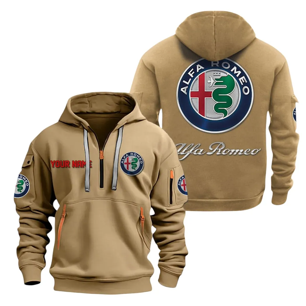 Alfa Romeo Half Zip Hoodie For Men, Gift For Alfa Romeo Lovers CAR20022125669 - Khaki