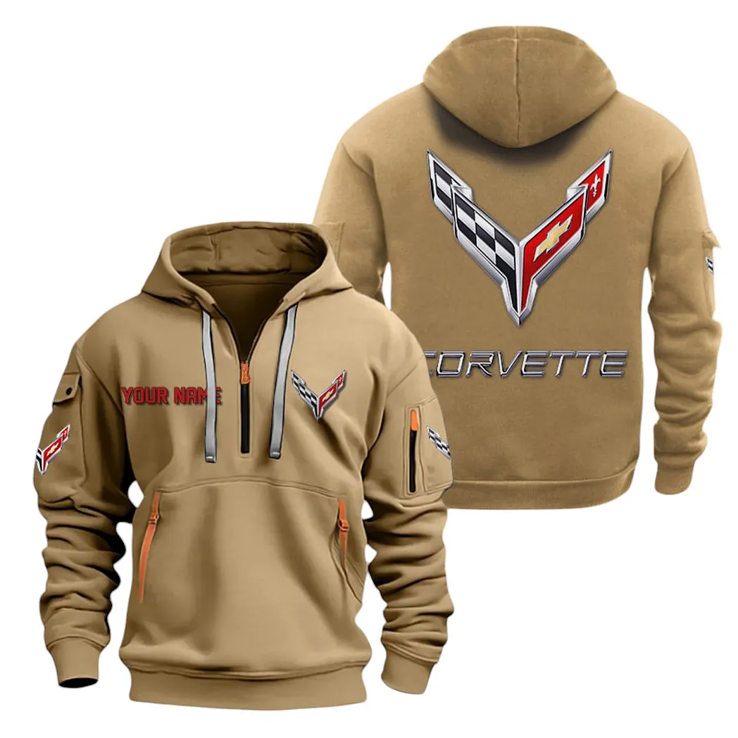 Corvette C8 Half Zip Hoodie For Men, Gift For Corvette C8 Lovers CAR20022125687 - Khaki
