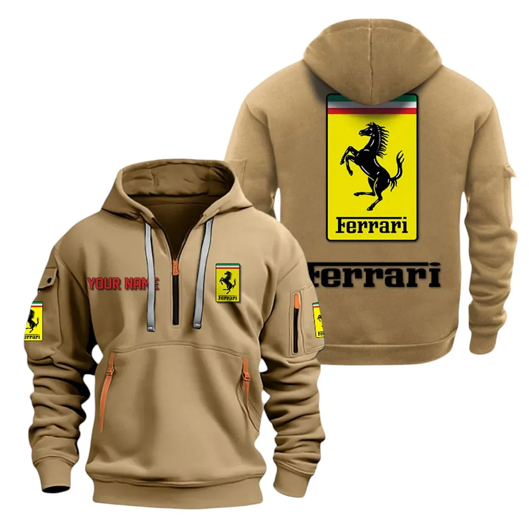 Ferrari Half Zip Hoodie For Men, Gift For Ferrari Lovers CAR20022125671 - Khaki