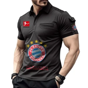 FC Bayern Munchen Poloshirt mit Tasche, All Over Print Hemd für Männer BDE4805092502 - Schwarz