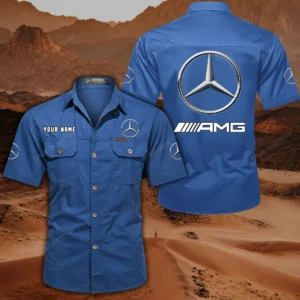 Mercedes AMG Hemd mit kurzen Ärmeln, All-Over-Print Kurzarmhemd CAR444052625818 - Cowboyblau