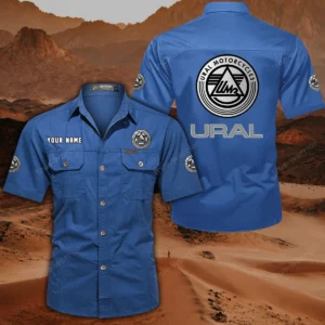 Ural Motorcycles Hemd mit kurzen Ärmeln, All-Over-Print Kurzarmhemd CAR444052625837 - Cowboyblau