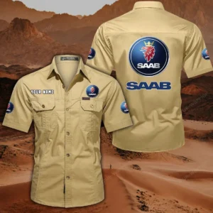 Saab Automobile Hemd mit kurzen Ärmeln, All-Over-Print Kurzarmhemd CAR444052625865 - Khaki