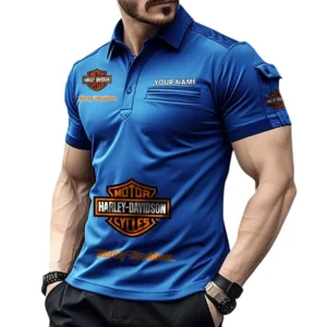 Harley Davidson Poloshirt mit Tasche, All Over Print Pololshirt für Männer Harley Davidson Fan CAR450051325334 - Blau