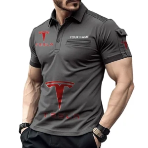 Tesla Poloshirt mit Tasche, All Over Print Pololshirt für Männer Tesla Fan CAR450051325395 - Grau