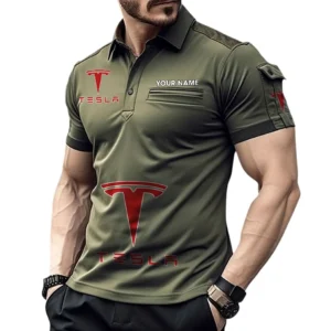 Tesla Poloshirt mit Tasche, All Over Print Pololshirt für Männer Tesla Fan CAR450051325395 - Grün