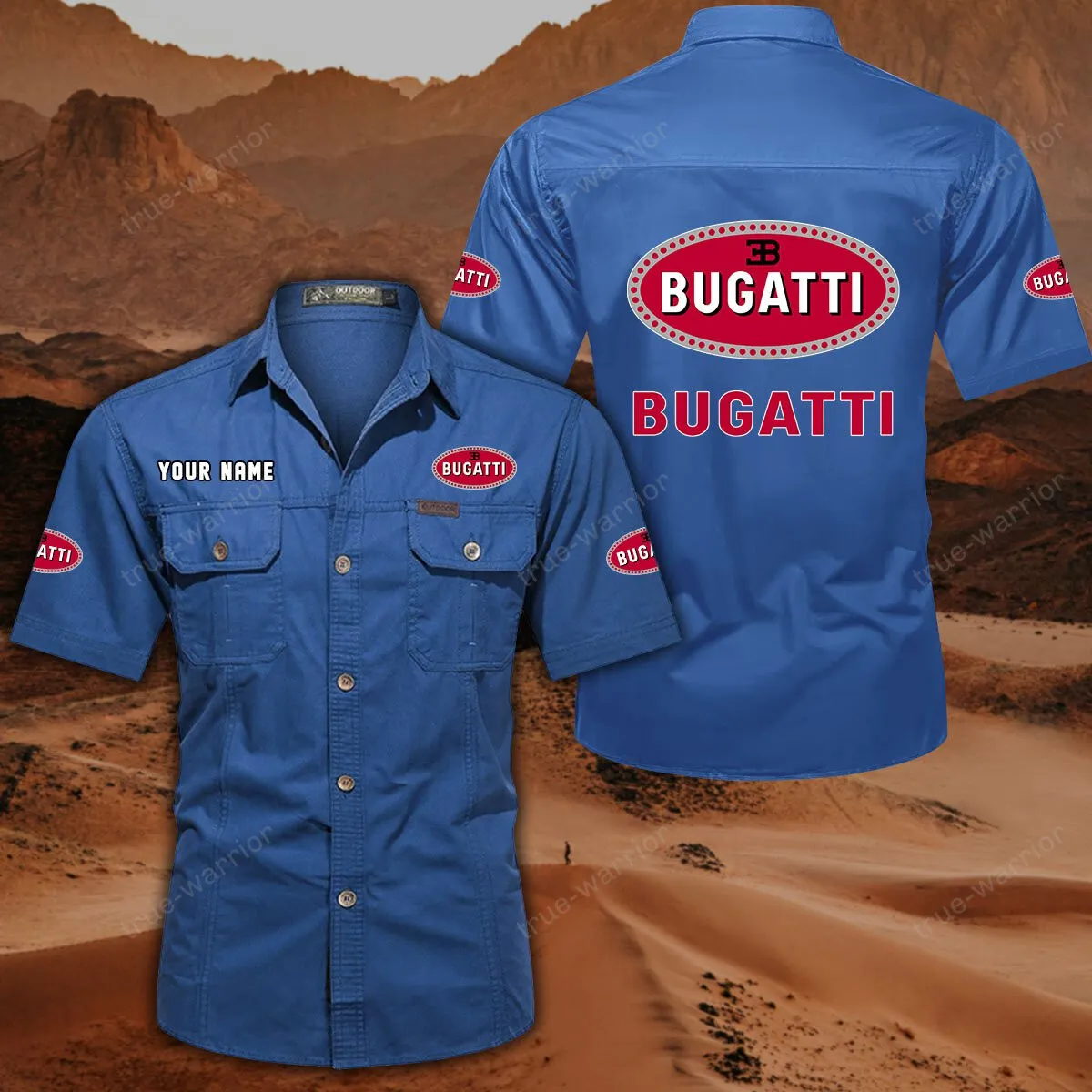 Bugatti Hemd mit kurzen Ärmeln, All-Over-Print Kurzarmhemd CAR444052625919 - Cowboyblau