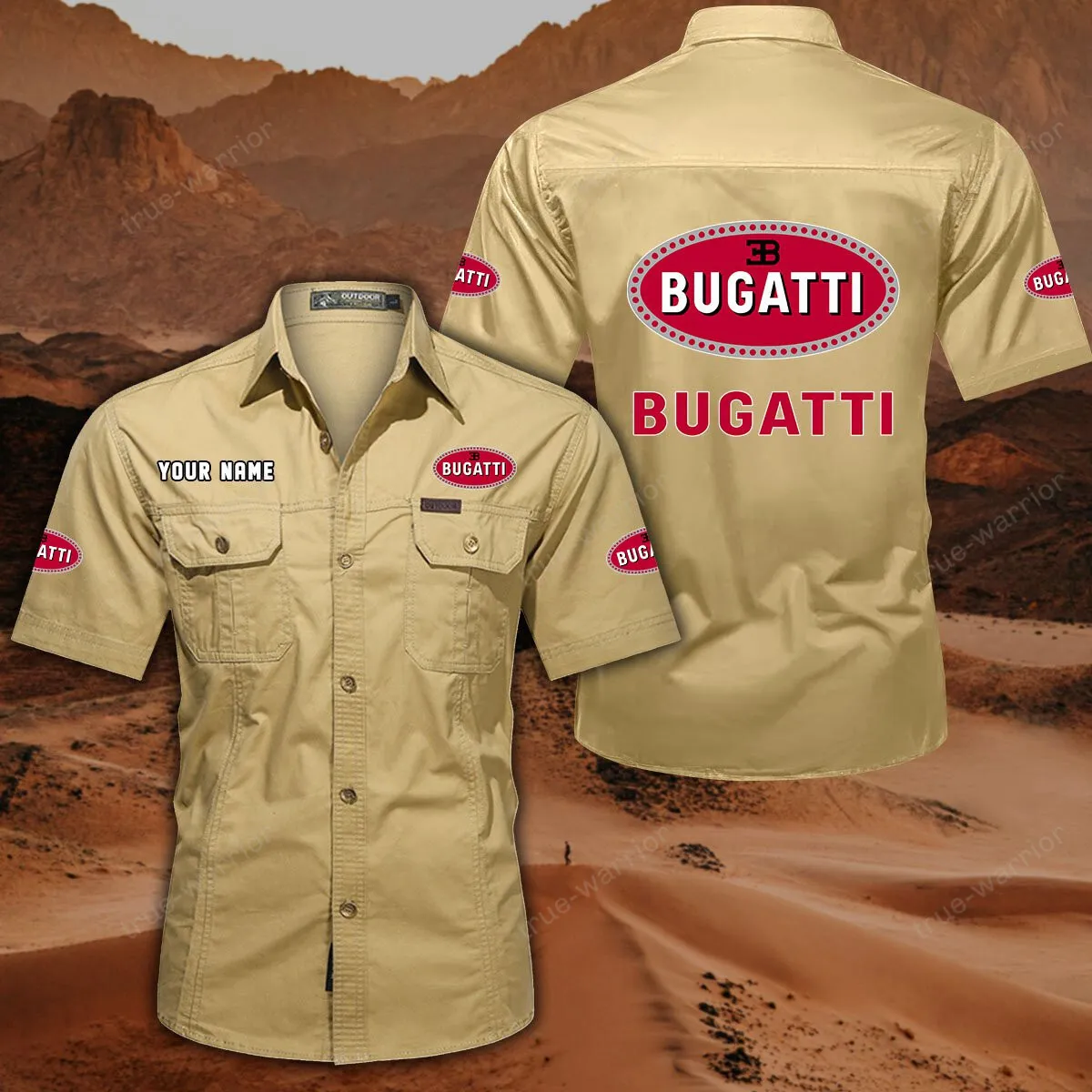 Bugatti Hemd mit kurzen Ärmeln, All-Over-Print Kurzarmhemd CAR444052625919 - Khaki