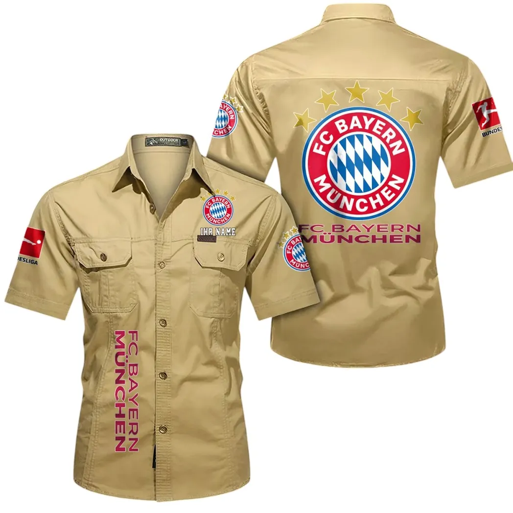 FC Bayern Munchen Hemd mit kurzen Ärmeln, All-Over-Print Kurzarmhemd BDE11052625276 - Khaki