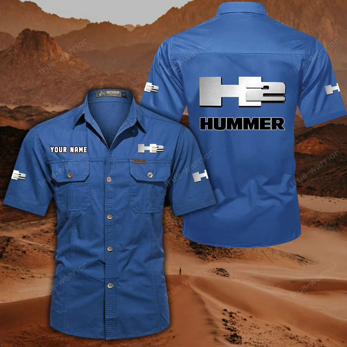 H2 Hummer Hemd mit kurzen Ärmeln, All-Over-Print Kurzarmhemd CAR444052625938 - Cowboyblau