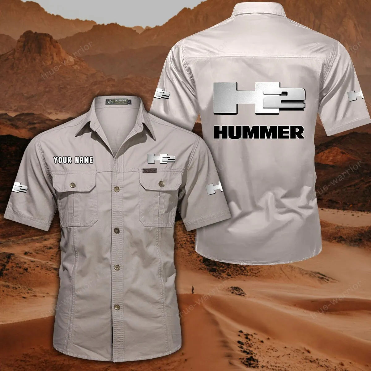 H2 Hummer Hemd mit kurzen Ärmeln, All-Over-Print Kurzarmhemd CAR444052625938 - Cremeweiß