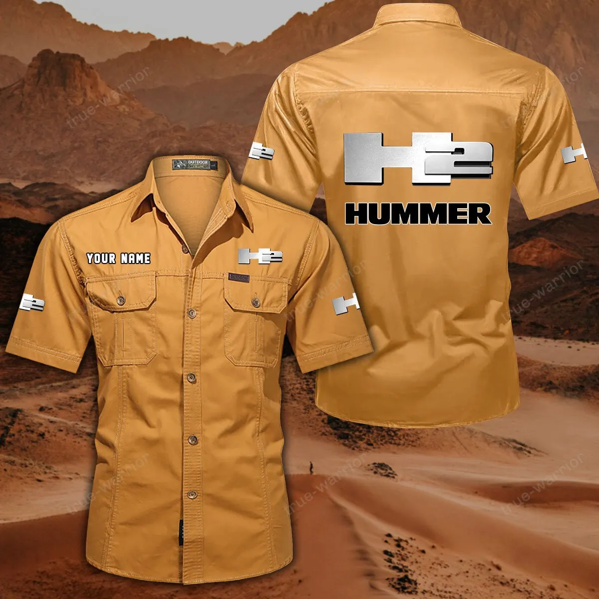 H2 Hummer Hemd mit kurzen Ärmeln, All-Over-Print Kurzarmhemd CAR444052625938 - Gelb-Orange