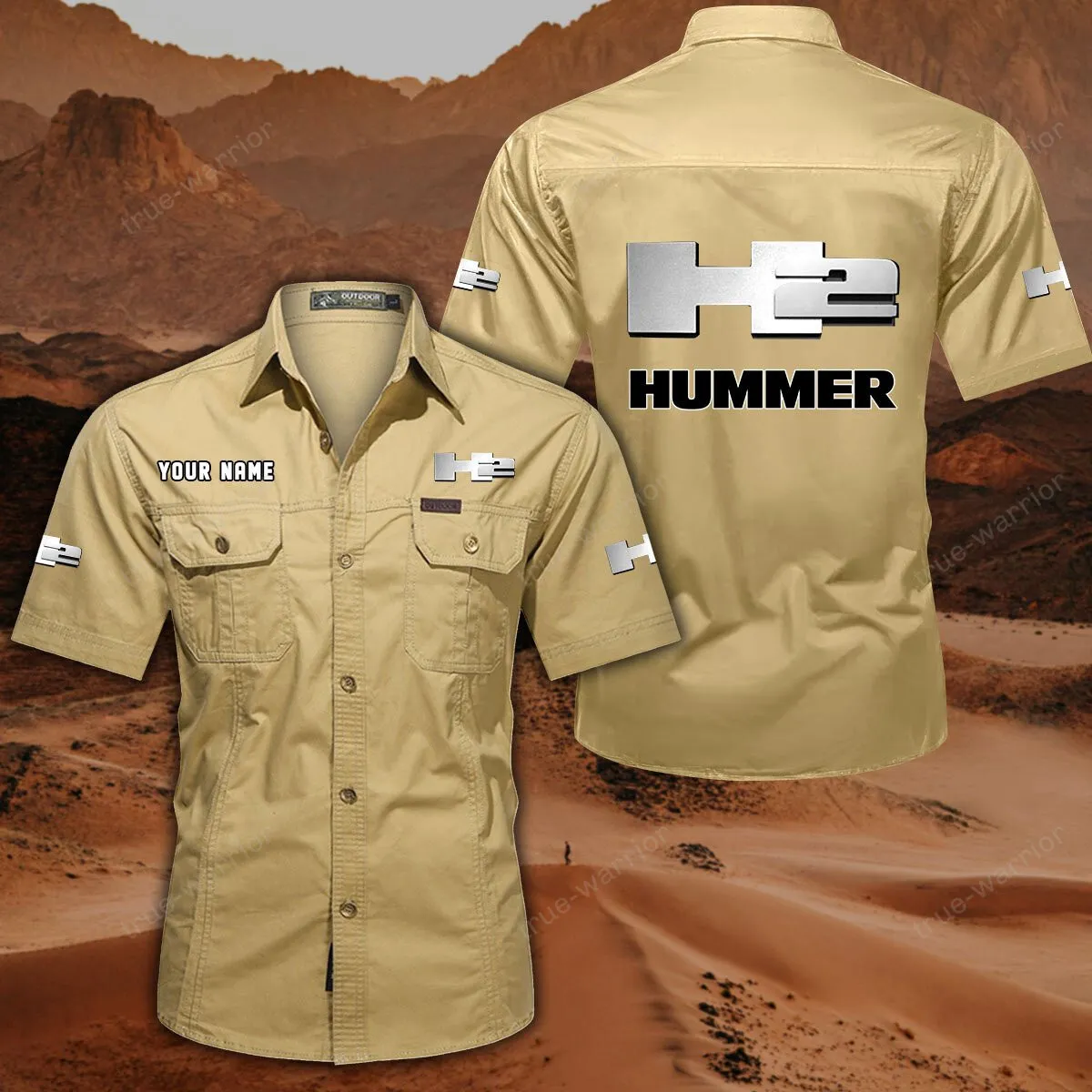 H2 Hummer Hemd mit kurzen Ärmeln, All-Over-Print Kurzarmhemd CAR444052625938 - Khaki