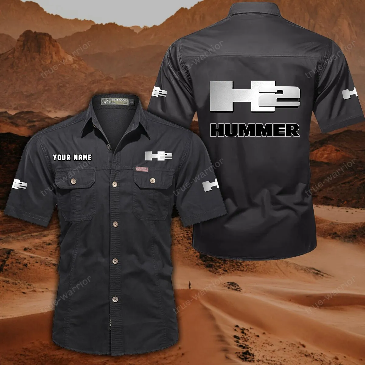 H2 Hummer Hemd mit kurzen Ärmeln, All-Over-Print Kurzarmhemd CAR444052625938 - Schwarz