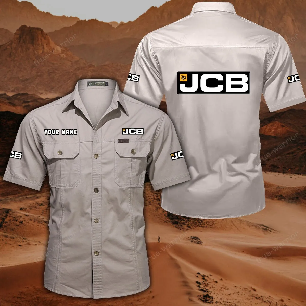 JCB Agricultural Tractors Hemd mit kurzen Ärmeln, All-Over-Print Kurzarmhemd CAR444052625944 - Cremeweiß