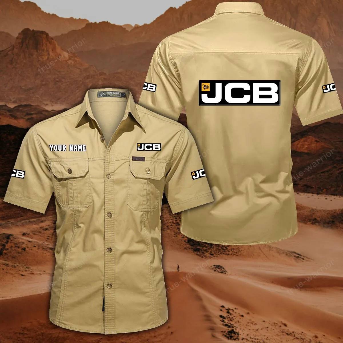 JCB Agricultural Tractors Hemd mit kurzen Ärmeln, All-Over-Print Kurzarmhemd CAR444052625944 - Khaki