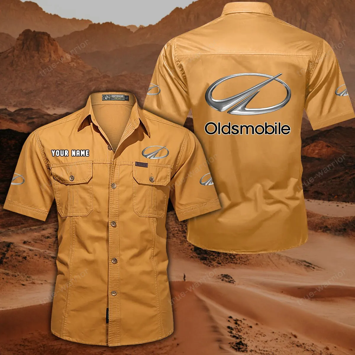 Oldsmobile Hemd mit kurzen Ärmeln, All-Over-Print Kurzarmhemd CAR444052625955 - Gelb-Orange