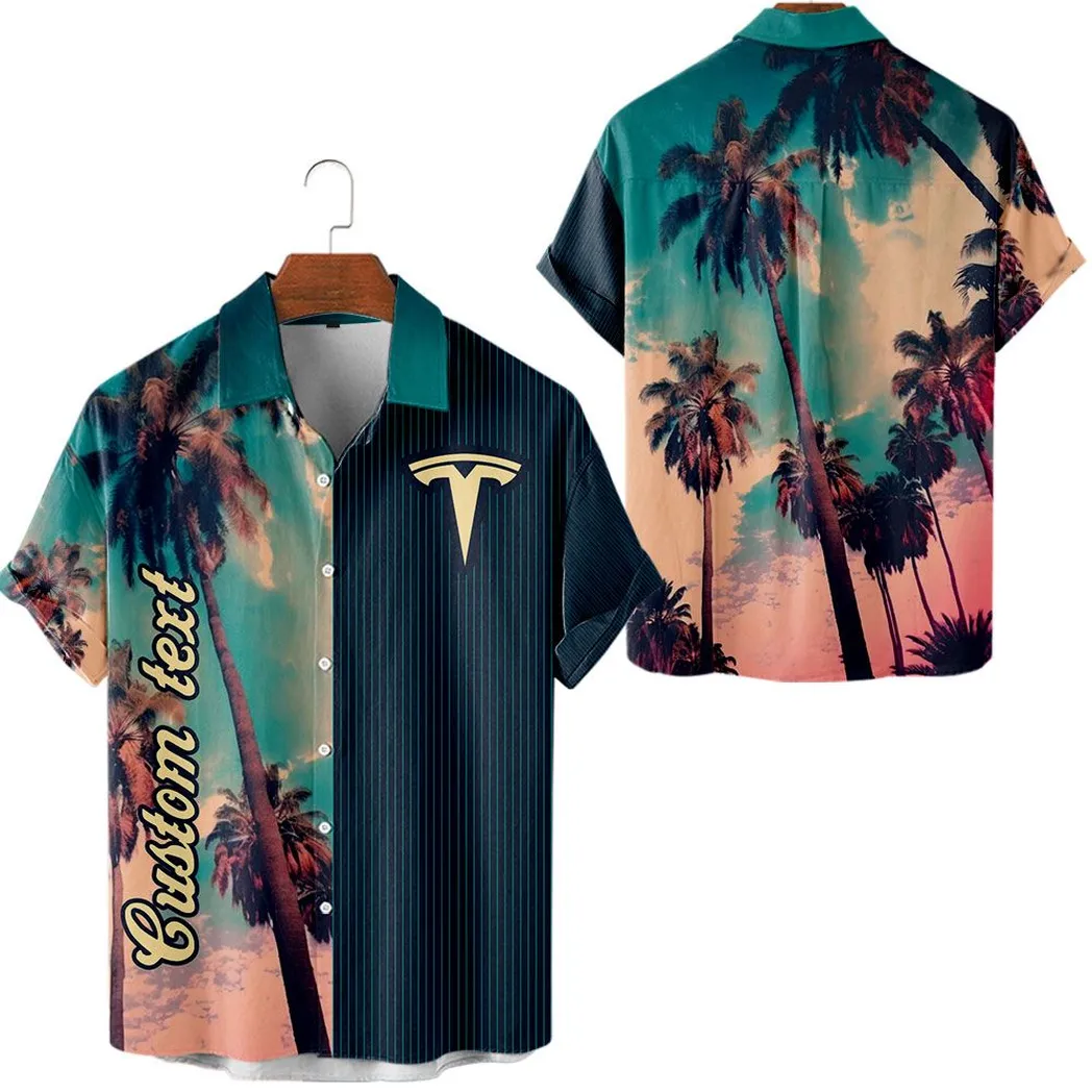 Tesla Motors Vintage Hawaiihemd mit Palmen, Personalisiert Allover-Autodruck Hawaiian Shirt CAR431041625410