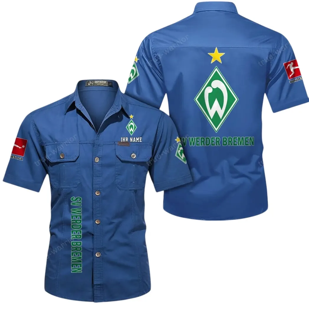 Werder Bremen Hemd mit kurzen Ärmeln, All-Over-Print Kurzarmhemd BDE11052625247 - Cowboyblau