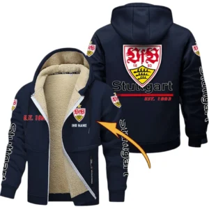 VfB Stuttgart Dicke Fleecejacke Herren, Fleecemantel mit Allover-Druck BDE74053125668 - Marineblau