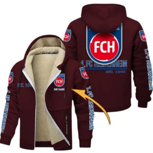 1. FC Heidenheim Dicke Fleecejacke Herren, Fleecemantel mit Allover-Druck BDE74053125674 - Burgunderrot