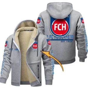 1. FC Heidenheim Dicke Fleecejacke Herren, Fleecemantel mit Allover-Druck BDE74053125674 - Hellgrau