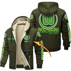 VfL Wolfsburg Dicke Fleecejacke Herren, Fleecemantel mit Allover-Druck BDE74053125680 - Olivgrün