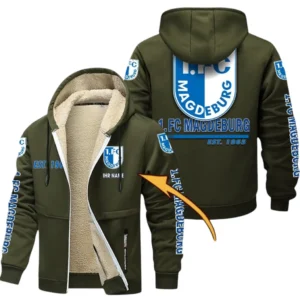 1. FC Magdeburg Dicke Fleecejacke Herren, Fleecemantel mit Allover-Druck BDE74053125681 - Olivgrün