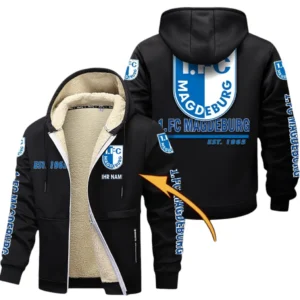 1. FC Magdeburg Dicke Fleecejacke Herren, Fleecemantel mit Allover-Druck BDE74053125681 - Schwarz