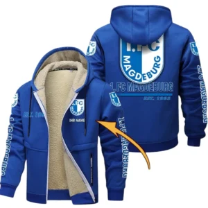 1. FC Magdeburg Dicke Fleecejacke Herren, Fleecemantel mit Allover-Druck BDE74053125681 - Blau