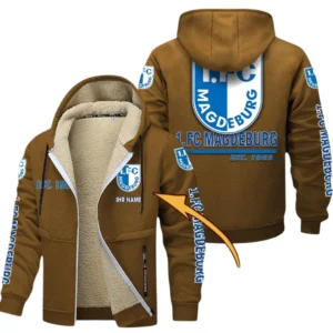 1. FC Magdeburg Dicke Fleecejacke Herren, Fleecemantel mit Allover-Druck BDE74053125681 - Braun