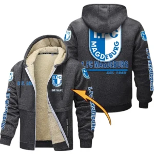 1. FC Magdeburg Dicke Fleecejacke Herren, Fleecemantel mit Allover-Druck BDE74053125681 - Dunkelgrau