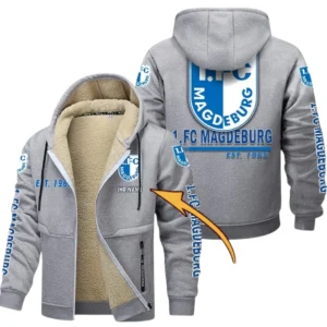 1. FC Magdeburg Dicke Fleecejacke Herren, Fleecemantel mit Allover-Druck BDE74053125681 - Hellgrau