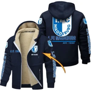 1. FC Magdeburg Dicke Fleecejacke Herren, Fleecemantel mit Allover-Druck BDE74053125681 - Marineblau
