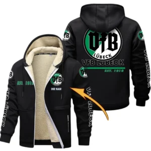 VfB Lübeck Dicke Fleecejacke Herren, Fleecemantel mit Allover-Druck BDE74053125682 - Schwarz
