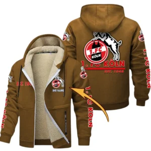 1. FC Koln Dicke Fleecejacke Herren, Fleecemantel mit Allover-Druck BDE74053125690 - Braun