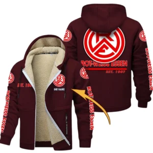 Rot-Weiss Essen Dicke Fleecejacke Herren, Fleecemantel mit Allover-Druck BDE74053125695 - Burgunderrot