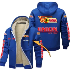 Union Berlin Dicke Fleecejacke Herren, Fleecemantel mit Allover-Druck BDE74053125702 - Blau