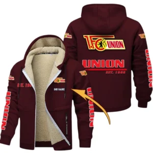 Union Berlin Dicke Fleecejacke Herren, Fleecemantel mit Allover-Druck BDE74053125702 - Burgunderrot