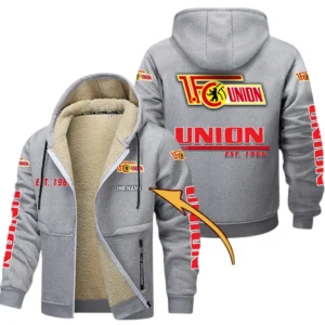 Union Berlin Dicke Fleecejacke Herren, Fleecemantel mit Allover-Druck BDE74053125702 - Hellgrau