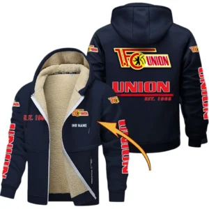 Union Berlin Dicke Fleecejacke Herren, Fleecemantel mit Allover-Druck BDE74053125702 - Marineblau