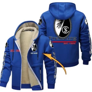 SC Freiburg Dicke Fleecejacke Herren, Fleecemantel mit Allover-Druck BDE74053125707 - Blau