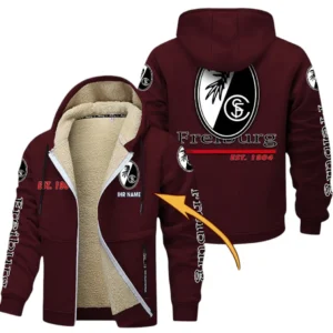 SC Freiburg Dicke Fleecejacke Herren, Fleecemantel mit Allover-Druck BDE74053125707 - Burgunderrot