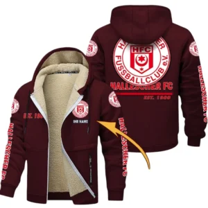 Hallescher FC Dicke Fleecejacke Herren, Fleecemantel mit Allover-Druck BDE74053125715 - Burgunderrot