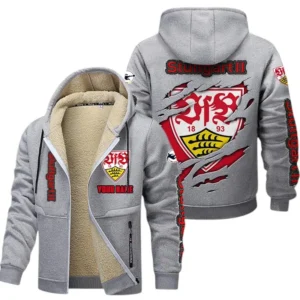 VfB Stuttgart II Dicke Fleecejacke Herren, Fleecemantel mit Allover-Print BDE89070125563 - Hellgrau